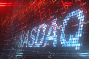A 3D illustration of the Nasdaq Stock Market index chart.