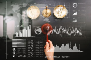 OppFi lawsuit illustrated with a double exposure image of an investor analyzing a stock market report and financial dashboard and a male judge's hand in a courtroom.