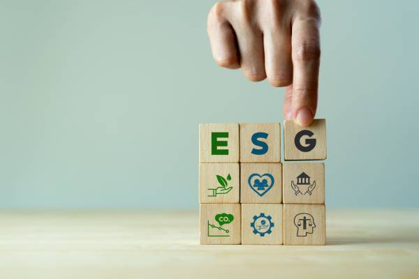 Hand holding wooden cubes with abbreviation ESG and ESG related icons kept below it.