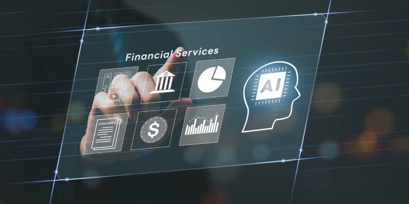 A persons hand touching the term financial services on a virtual screen with the icons of AI and other financial services around it.