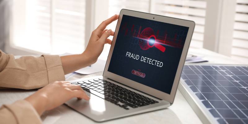 A woman using a laptop displaying the word 'fraud detected'.